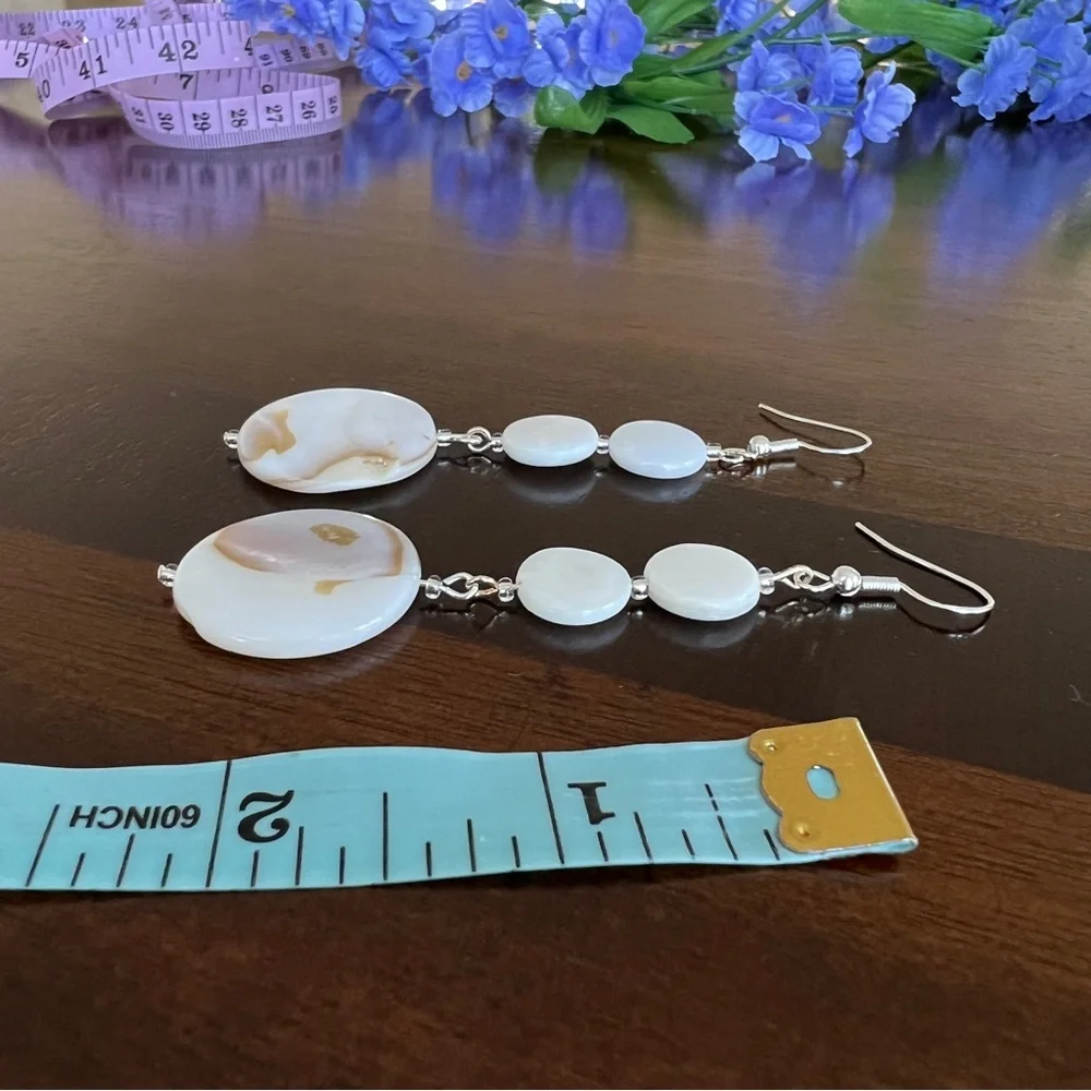 Handmade Natural Shell Dangle Drop Earrings Sterling Silver Ear Hook 2.75 Inches